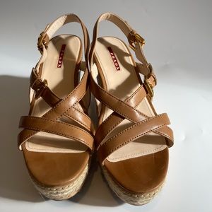 Prada Womens Strappy Nude Leather Cork Wedge Sandals  Size 38.5 /  8.5